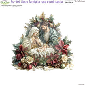 Pannello cm 25x25 Sacra Famiglia con rose e poinsettia